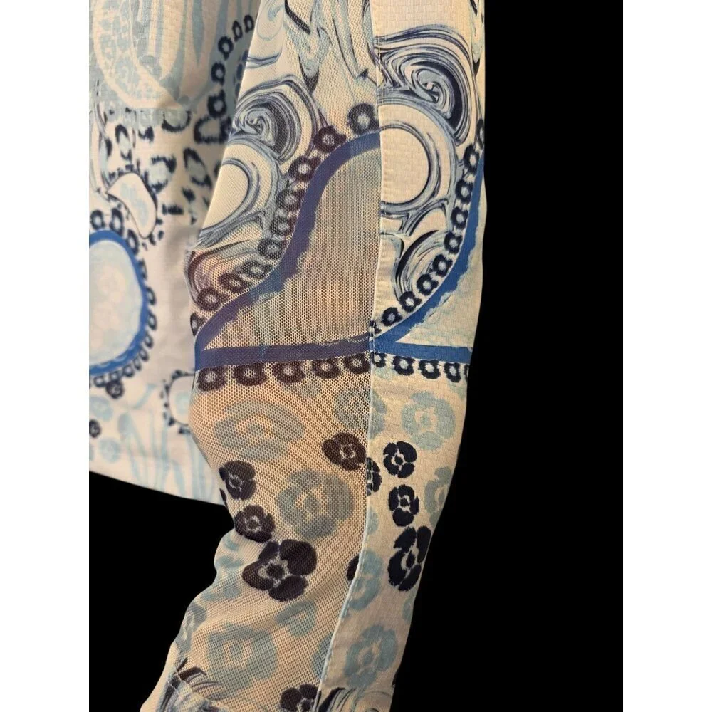 Gottex Sz XS Blue Paisley Rash Guard Sun Shirt Long Sleeve Zip Top Mesh Vent